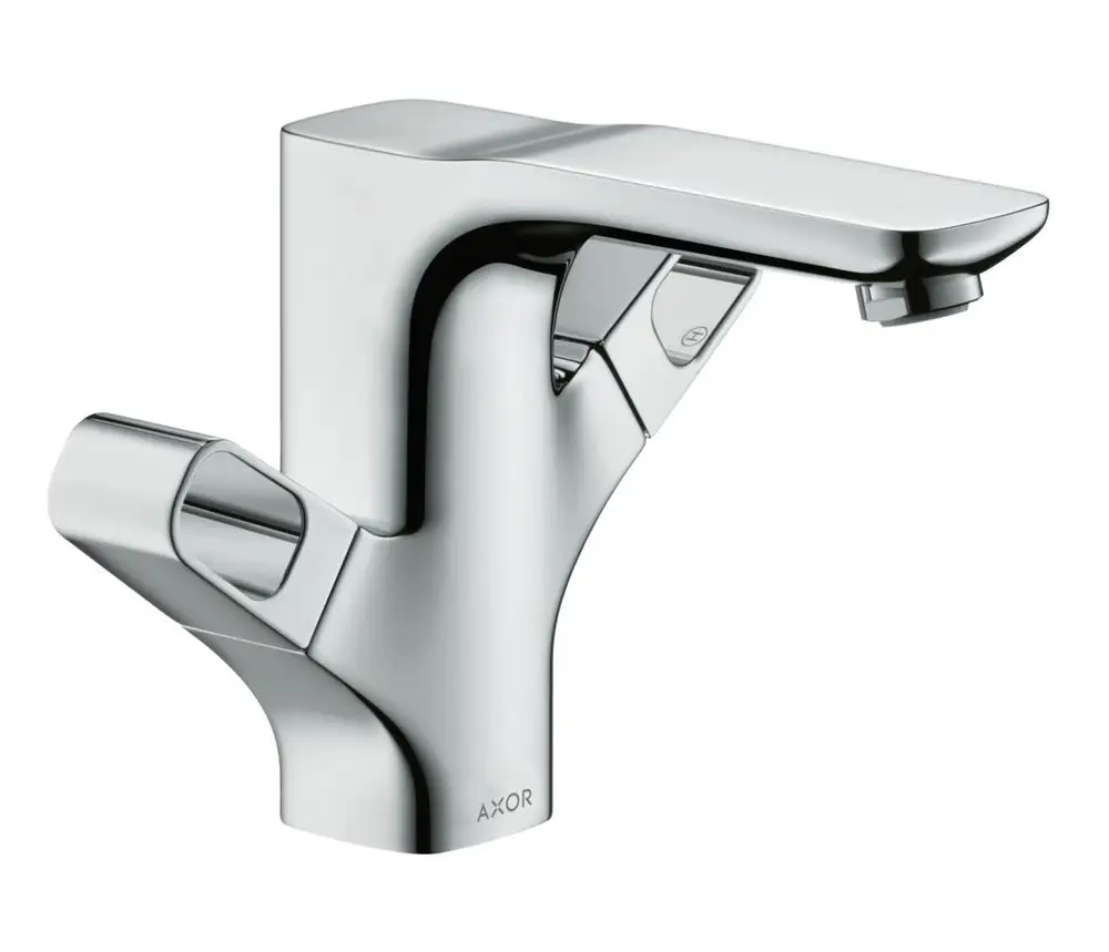 Moderne Wasserarmatur mit zwei Griffen und glatter, glänzender Oberfläche. Die Marke AXOR ist am Armaturenkörper deutlich sichtbar.